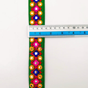 Green Multicoloured Indian Mirror Trim, Kutch Embroidered Navratri Garba Dress Trim Bridal Lace, Indian Sari Border 35 mm Wide Trim Per Yard